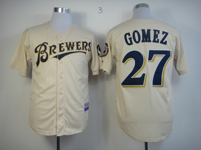 Men Milwaukee Brewers 27 Gomez Cream MLB Jerseys